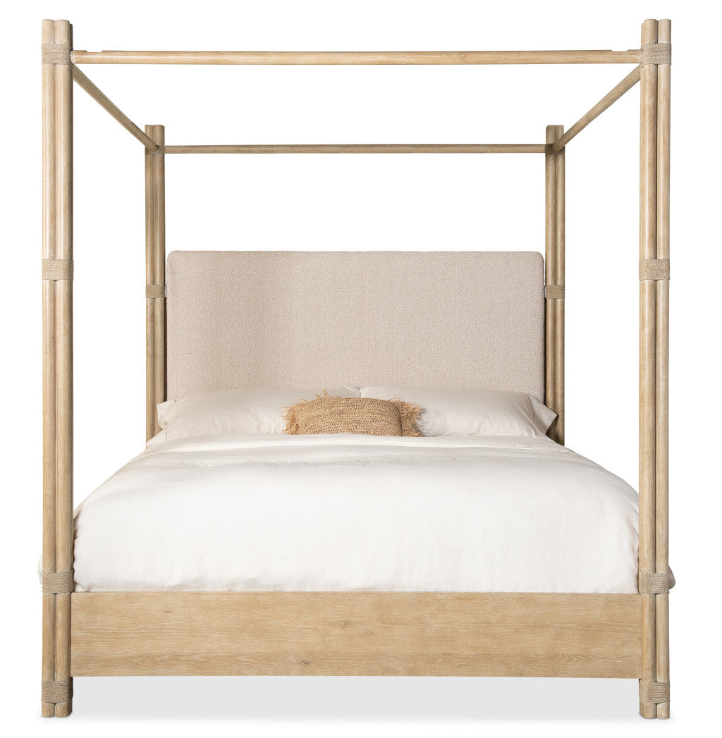 Retreat Pole Rattan King Upholstered Poster Bed withCanopy